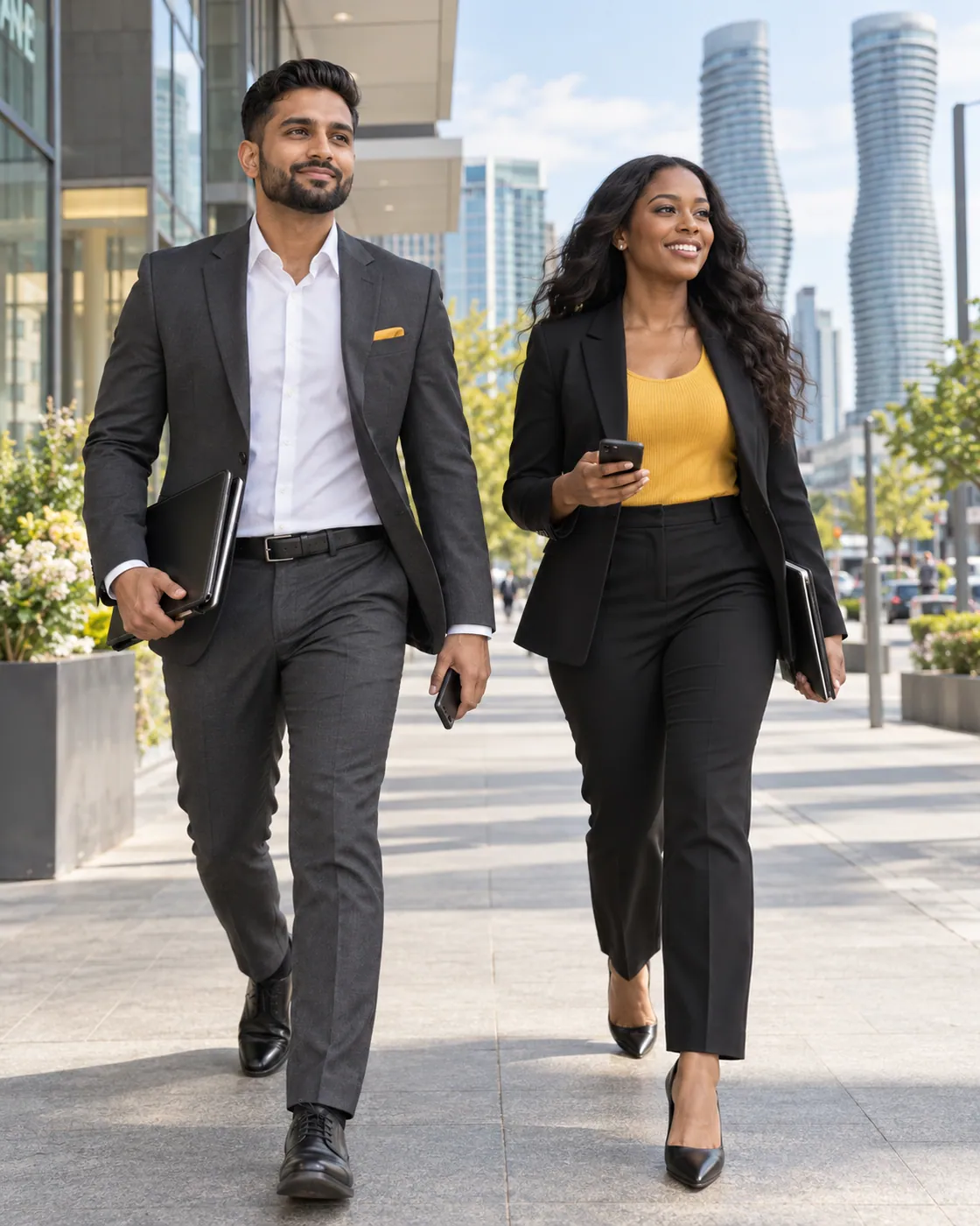 A male and female Realtor moving confidently toward their next appointments